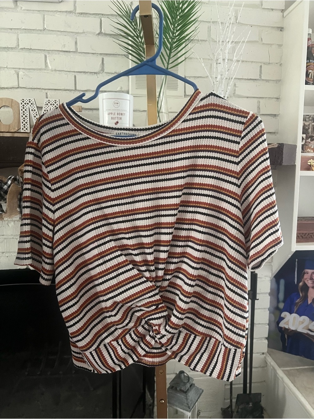 EARTHBOUND Striped Twist-Front Short Sleeve Top in White, Brown, Black